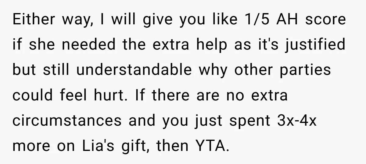 Either way, I will give you like 1/5 AH score if she needed the extra help as it's justified but still understandable why other parties could feel hurt. If there...