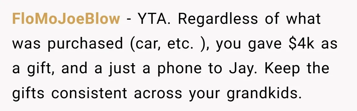 FloMoJoeBlow - YTA. Regardless of what was purchased (car, etc. ), you gave $4k as a gift, and a just a phone to Jay. Keep the gifts consistent across your...