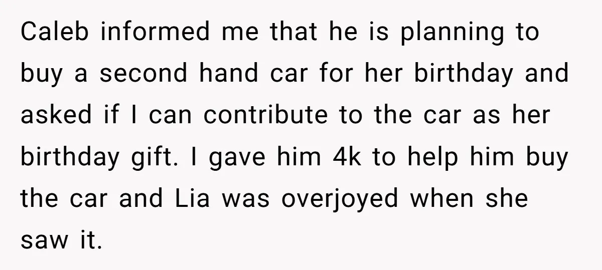 Caleb informed me that he is planning to buy a second hand car for her birthday and asked if I can contribute to the car as her birthday gift. I...