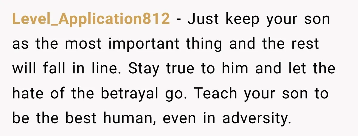 Level_Application812 − Just keep your son as the most important thing and the rest will fall in line. Stay true to him and let the hate of the betrayal go....
