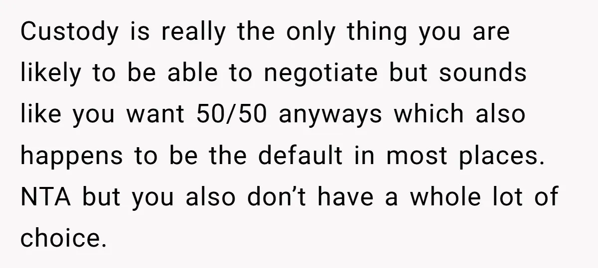 Custody is really the only thing you are likely to be able to negotiate but sounds like you want 50/50 anyways which also happens to be the default in most...