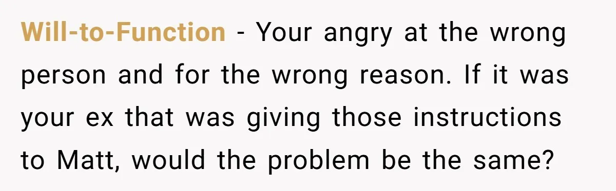 Will-to-Function − Your angry at the wrong person and for the wrong reason. If it was your ex that was giving those instructions to Matt, would the problem be the...