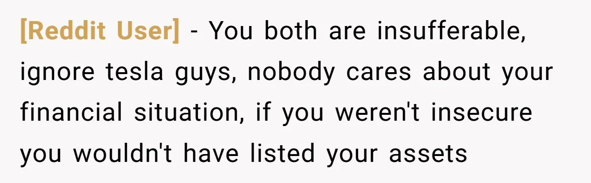 [Reddit User] - You both are insufferable, ignore tesla guys, nobody cares about your financial situation, if you weren't insecure you wouldn't have listed your assets