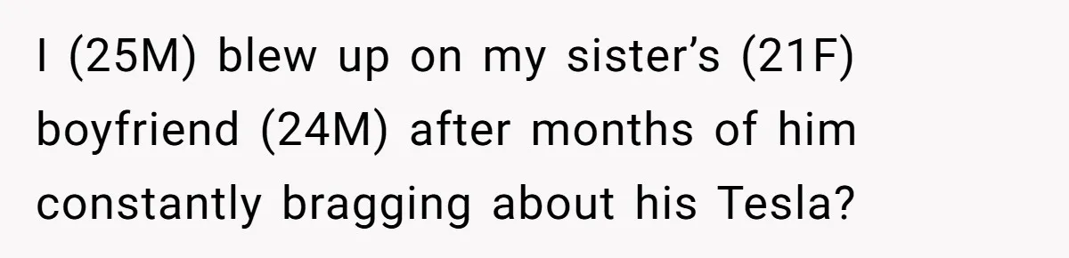 I (25M) blew up on my sister’s (21F) boyfriend (24M) after months of him constantly bragging about his Tesla?