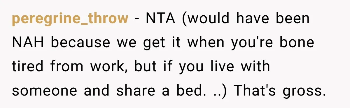 peregrine_throw - NTA (would have been NAH because we get it when you're bone tired from work, but if you live with someone and share a bed. ..) That's gross.