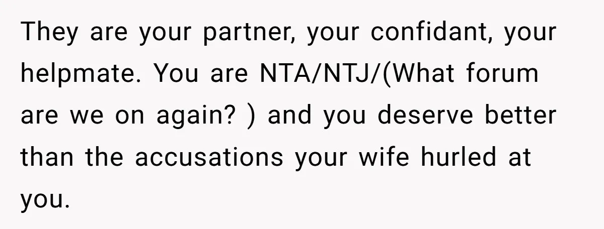 They are your partner, your confidant, your helpmate. You are NTA/NTJ/(What forum are we on again? ) and you deserve better than the accusations your wife hurled at you.