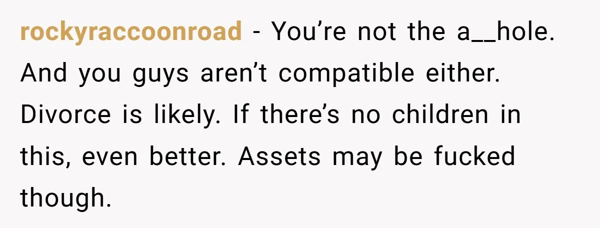 rockyraccoonroad − You’re not the a__hole. And you guys aren’t compatible either. Divorce is likely. If there’s no children in this, even better. Assets may be fucked though.