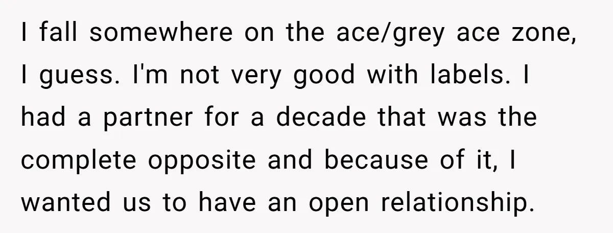 I fall somewhere on the ace/grey ace zone, I guess. I'm not very good with labels. I had a partner for a decade that was the complete opposite and because...