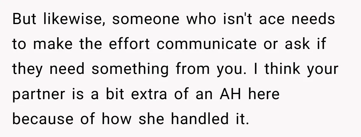 But likewise, someone who isn't ace needs to make the effort communicate or ask if they need something from you. I think your partner is a bit extra of an...