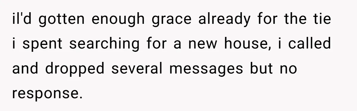 il'd gotten enough grace already for the tie i spent searching for a new house, i called and dropped several messages but no response.