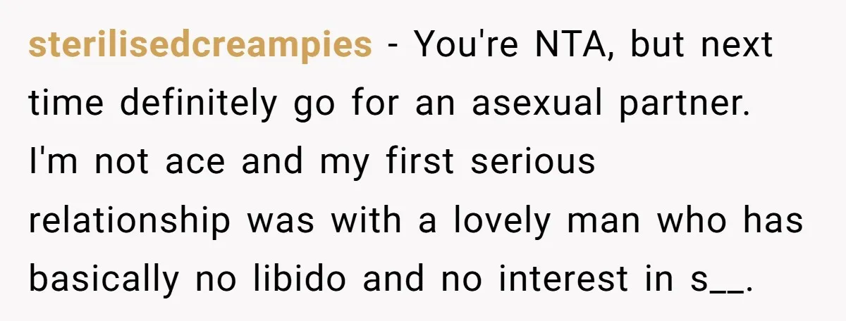 sterilisedcreampies − You're NTA, but next time definitely go for an asexual partner. I'm not ace and my first serious relationship was with a lovely man who has basically no...