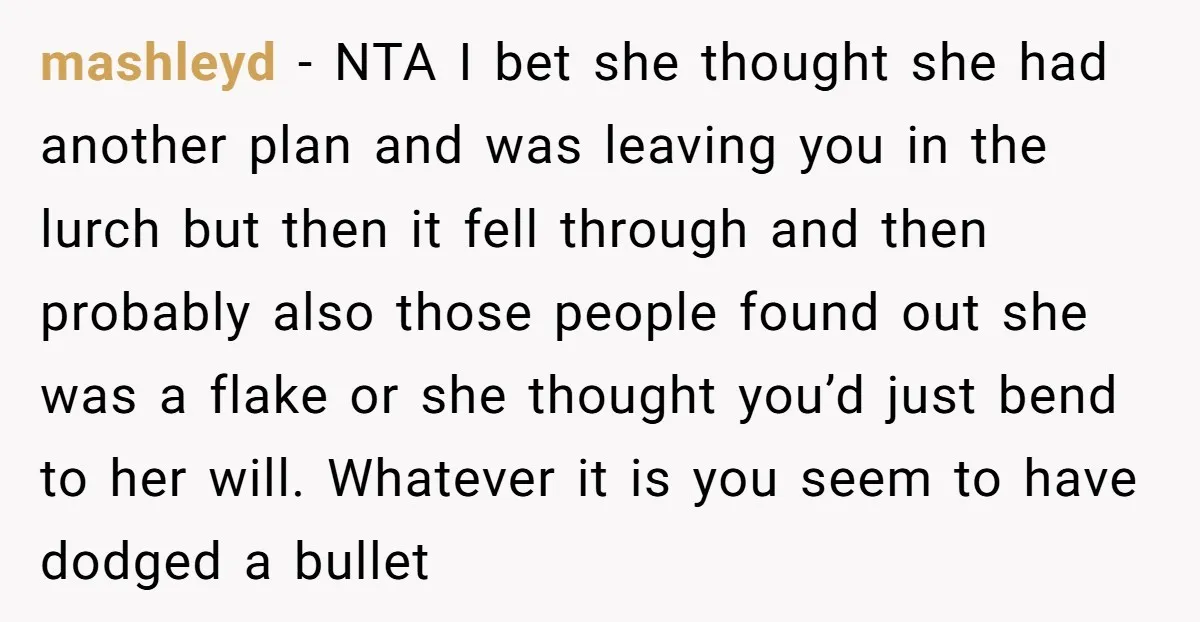 mashleyd − NTA I bet she thought she had another plan and was leaving you in the lurch but then it fell through and then probably also those people found...