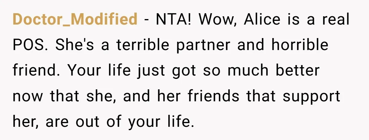 Doctor_Modified - NTA! Wow, Alice is a real POS. She's a terrible partner and horrible friend. Your life just got so much better now that she, and her friends that...