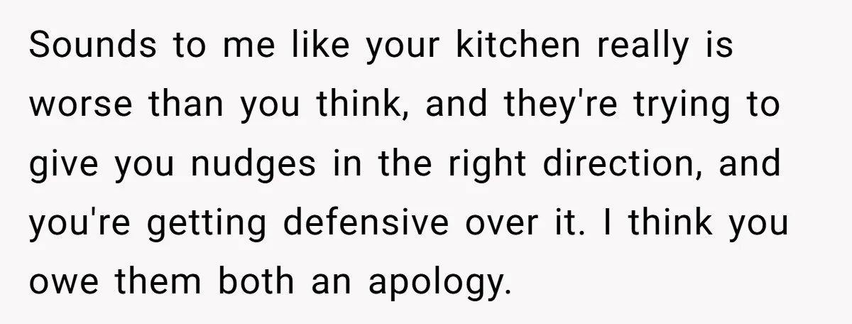 Sounds to me like your kitchen really is worse than you think, and they're trying to give you nudges in the right direction, and you're getting defensive over it. I...