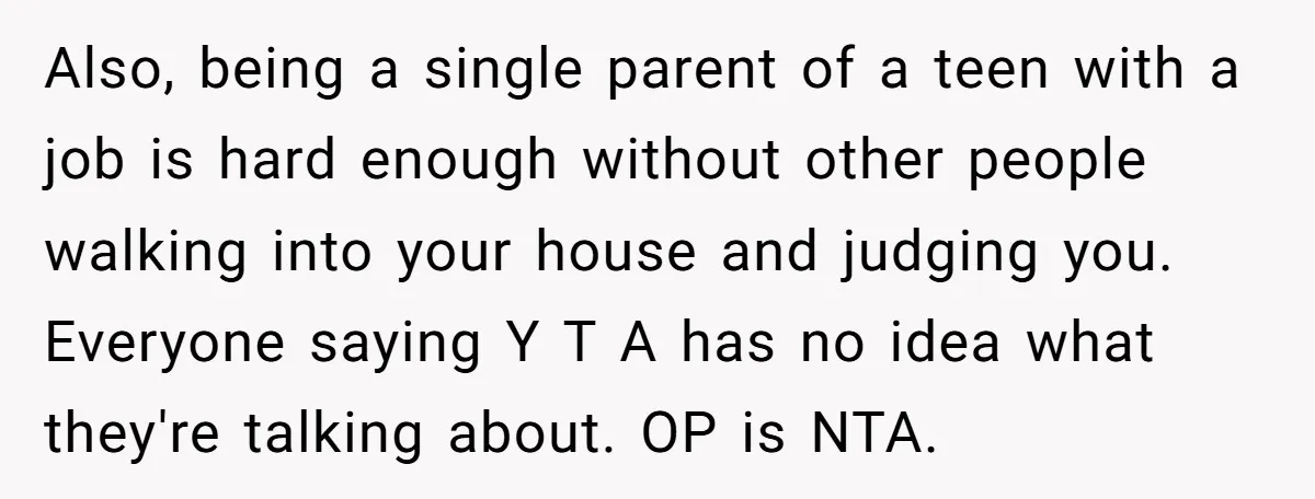 Also, being a single parent of a teen with a job is hard enough without other people walking into your house and judging you. Everyone saying Y T A has...