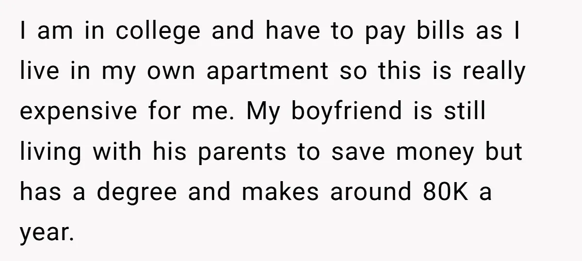 I am in college and have to pay bills as I live in my own apartment so this is really expensive for me. My boyfriend is still living with his...