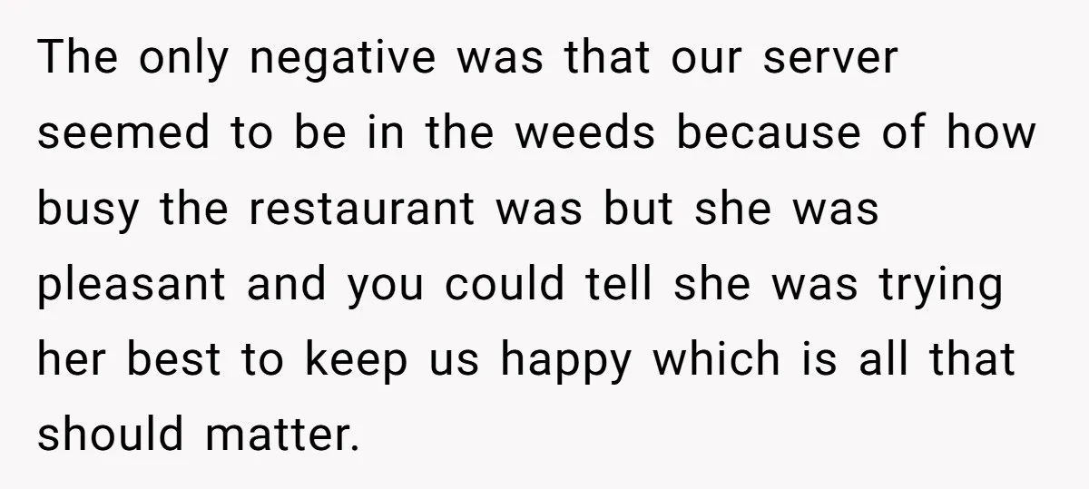 The only negative was that our server seemed to be in the weeds because of how busy the restaurant was but she was pleasant and you could tell she was...