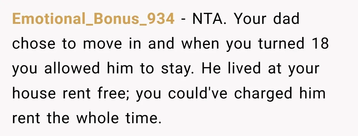 Emotional_Bonus_934 - NTA. Your dad chose to move in and when you turned 18 you allowed him to stay. He lived at your house rent free; you could've charged him...