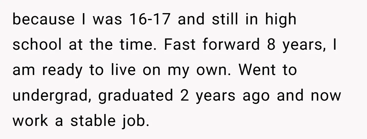 because I was 16-17 and still in high school at the time. Fast forward 8 years, I am ready to live on my own. Went to undergrad, graduated 2 years...