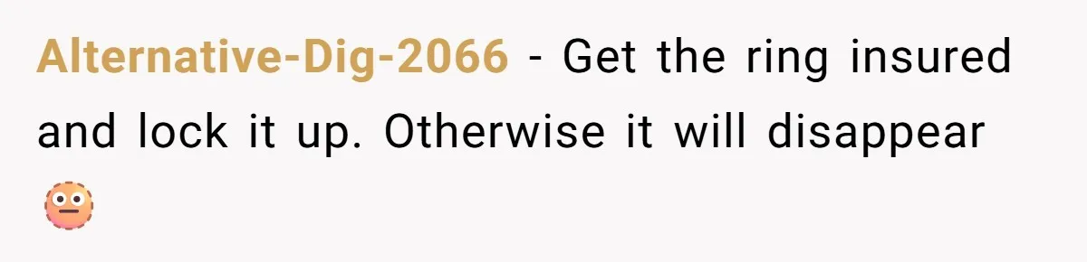 Alternative-Dig-2066 − Get the ring insured and lock it up. Otherwise it will disappear 🫥