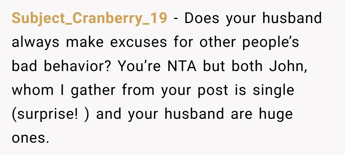 Subject_Cranberry_19 − Does your husband always make excuses for other people’s bad behavior? You’re NTA but both John, whom I gather from your post is single (surprise! ) and your...