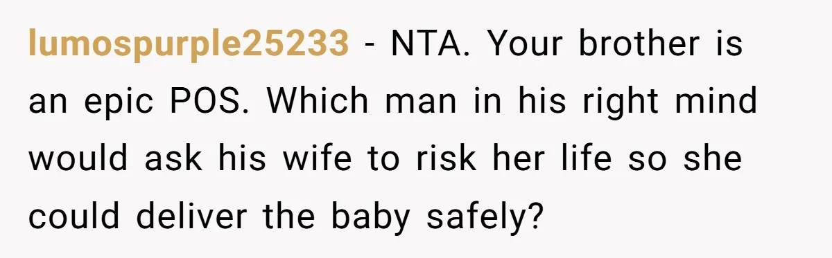lumospurple25233 − NTA. Your brother is an epic POS. Which man in his right mind would ask his wife to risk her life so she could deliver the baby safely?