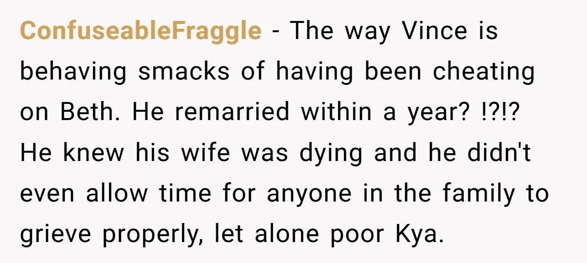 ConfuseableFraggle − The way Vince is behaving smacks of having been cheating on Beth. He remarried within a year? !?!? He knew his wife was dying and he didn't even...
