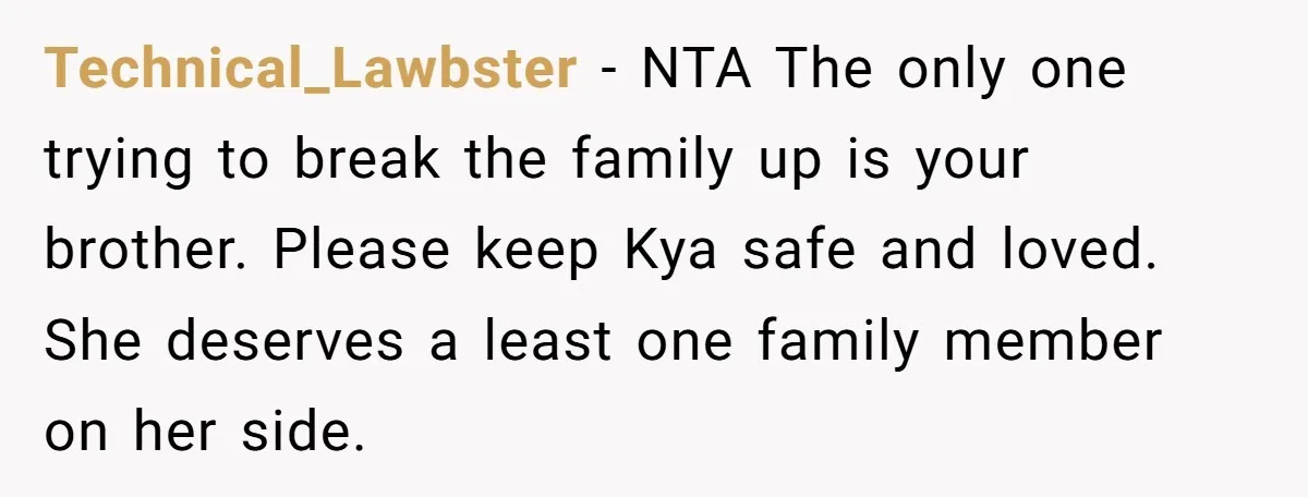 Technical_Lawbster − NTA The only one trying to break the family up is your brother. Please keep Kya safe and loved. She deserves a least one family member on her...
