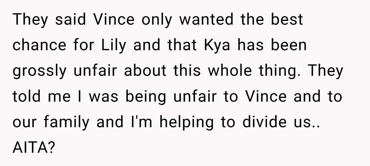 They said Vince only wanted the best chance for Lily and that Kya has been grossly unfair about this whole thing. They told me I was being unfair to Vince...
