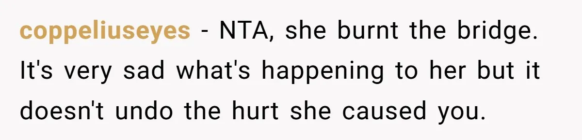 coppeliuseyes − NTA, she burnt the bridge. It's very sad what's happening to her but it doesn't undo the hurt she caused you.