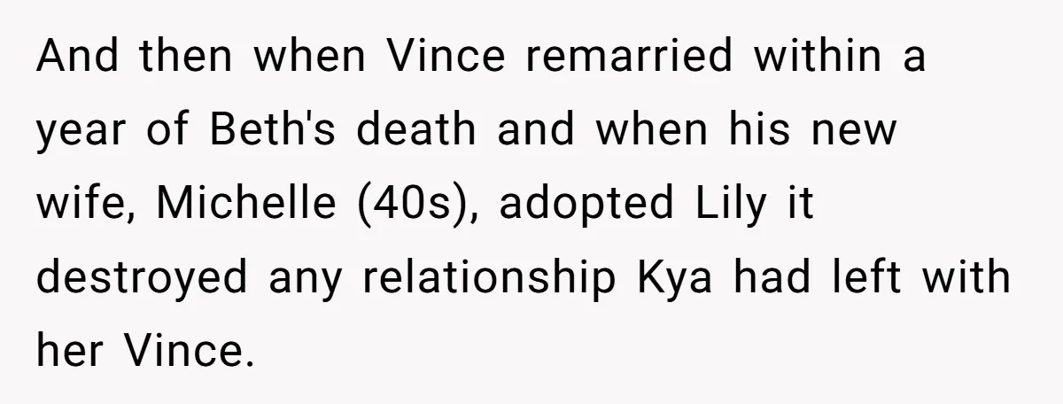 And then when Vince remarried within a year of Beth's death and when his new wife, Michelle (40s), adopted Lily it destroyed any relationship Kya had left with her Vince.