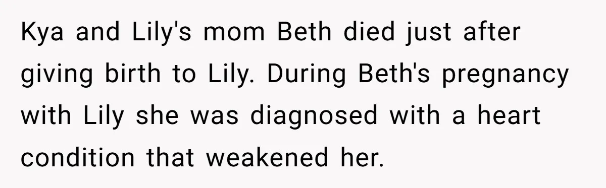 Kya and Lily's mom Beth died just after giving birth to Lily. During Beth's pregnancy with Lily she was diagnosed with a heart condition that weakened her.