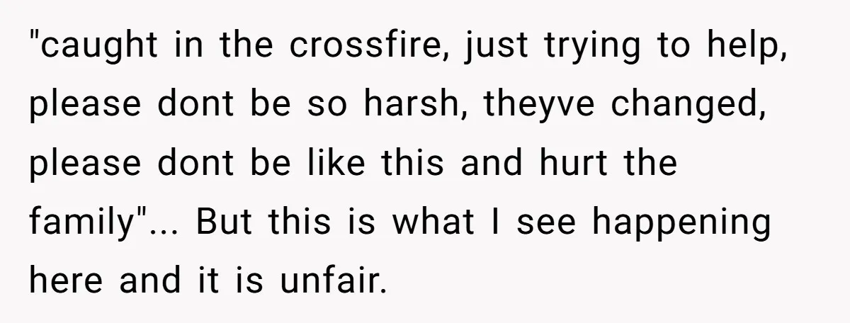 "caught in the crossfire, just trying to help, please dont be so harsh, theyve changed, please dont be like this and hurt the family"... But this is what I see...