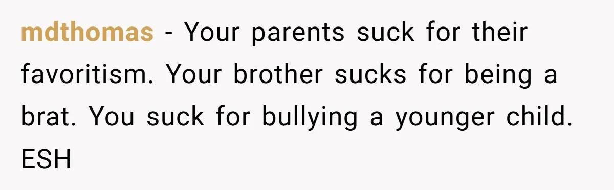 mdthomas - Your parents suck for their favoritism. Your brother sucks for being a brat. You suck for bullying a younger child. ESH