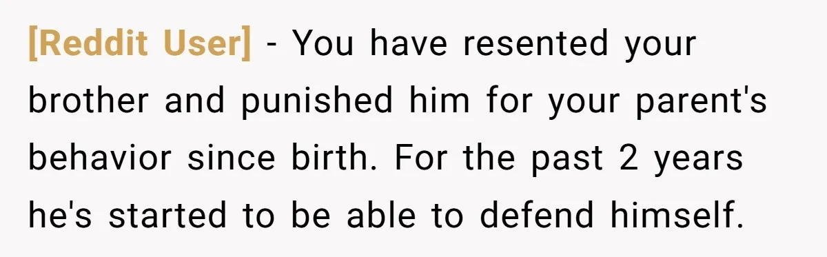 [Reddit User] - You have resented your brother and punished him for your parent's behavior since birth. For the past 2 years he's started to be able to defend himself.