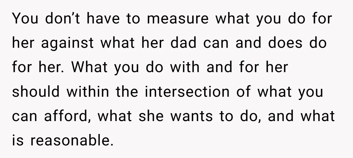 You don’t have to measure what you do for her against what her dad can and does do for her. What you do with and for her should within the...