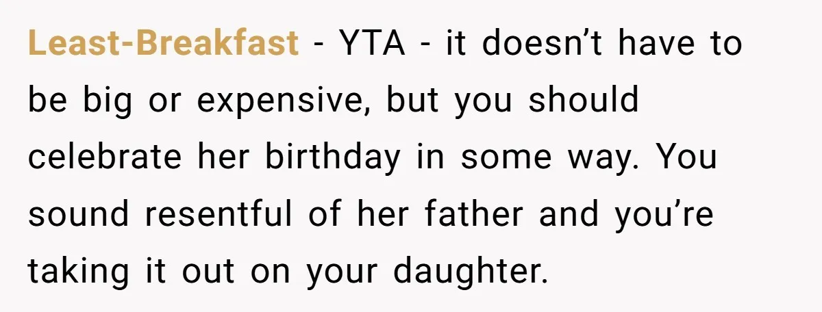 Least-Breakfast − YTA - it doesn’t have to be big or expensive, but you should celebrate her birthday in some way. You sound resentful of her father and you’re taking...