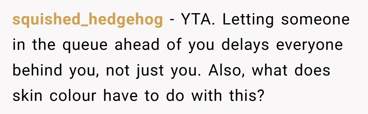 squished_hedgehog − YTA. Letting someone in the queue ahead of you delays everyone behind you, not just you. Also, what does skin colour have to do with this?