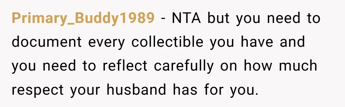 Primary_Buddy1989 − NTA but you need to document every collectible you have and you need to reflect carefully on how much respect your husband has for you.