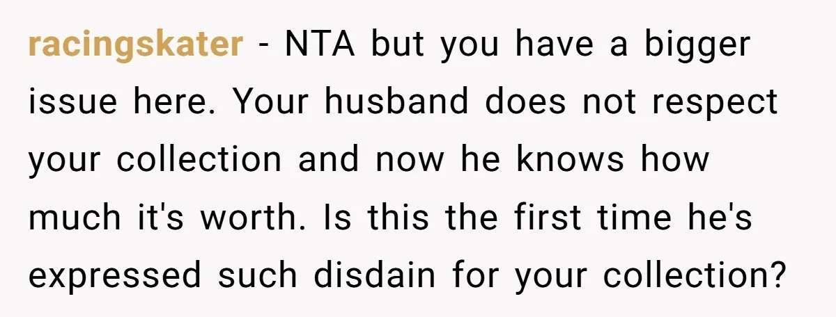 racingskater − NTA but you have a bigger issue here. Your husband does not respect your collection and now he knows how much it's worth. Is this the first time...