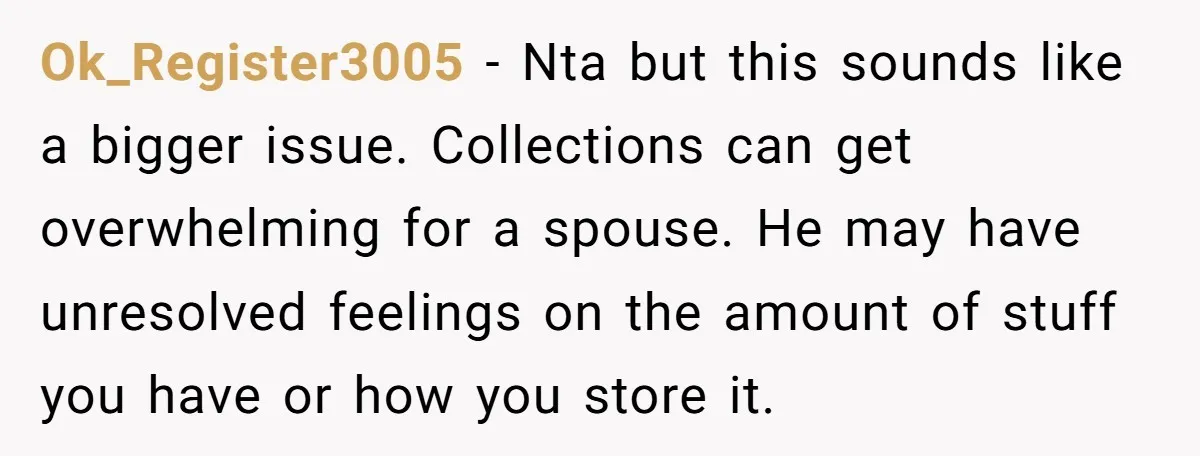 Ok_Register3005 − Nta but this sounds like a bigger issue. Collections can get overwhelming for a spouse. He may have unresolved feelings on the amount of stuff you have or...