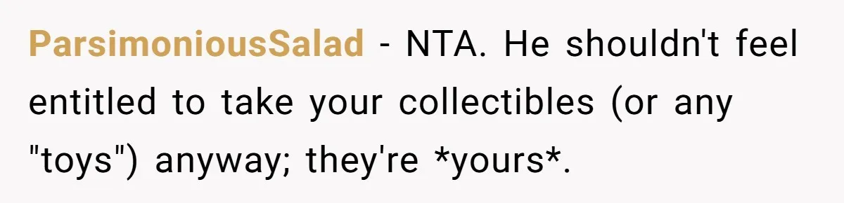 ParsimoniousSalad − NTA. He shouldn't feel entitled to take your collectibles (or any "toys") anyway; they're *yours*.