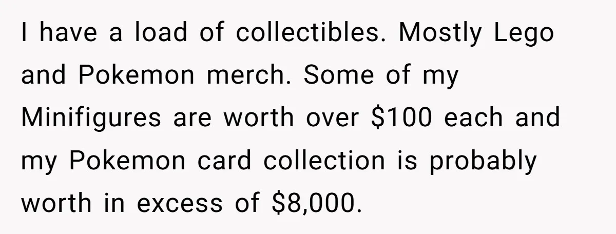 I have a load of collectibles. Mostly Lego and Pokemon merch. Some of my Minifigures are worth over $100 each and my Pokemon card collection is probably worth in excess...