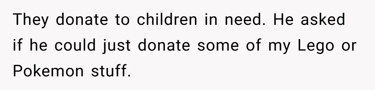 They donate to children in need. He asked if he could just donate some of my Lego or Pokemon stuff.