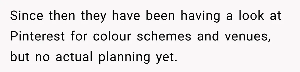 Since then they have been having a look at Pinterest for colour schemes and venues, but no actual planning yet.
