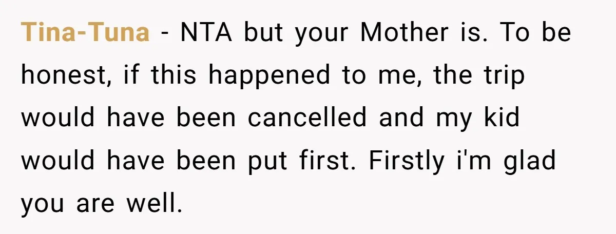Tina-Tuna - NTA but your Mother is. To be honest, if this happened to me, the trip would have been cancelled and my kid would have been put first. Firstly...