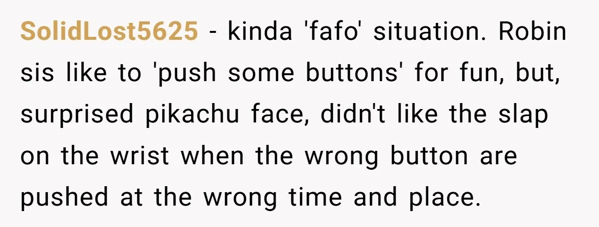 SolidLost5625 − kinda 'fafo' situation. Robin sis like to 'push some buttons' for fun, but, surprised pikachu face, didn't like the slap on the wrist when the wrong button are...