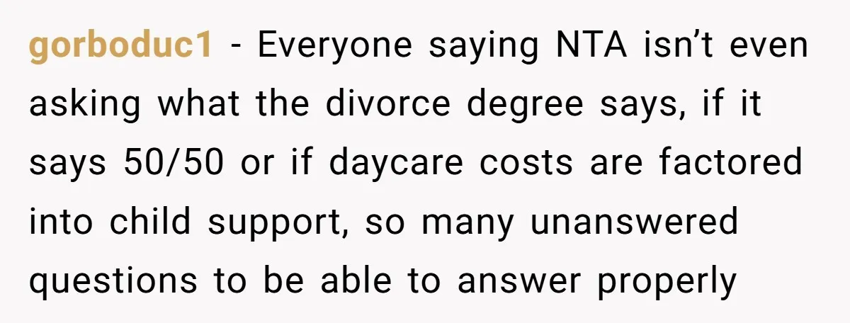 gorboduc1 - Everyone saying NTA isn’t even asking what the divorce degree says, if it says 50/50 or if daycare costs are factored into child support, so many unanswered questions...