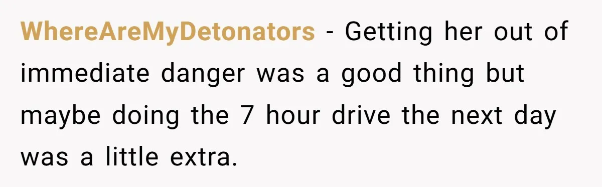 WhereAreMyDetonators − Getting her out of immediate danger was a good thing but maybe doing the 7 hour drive the next day was a little extra.