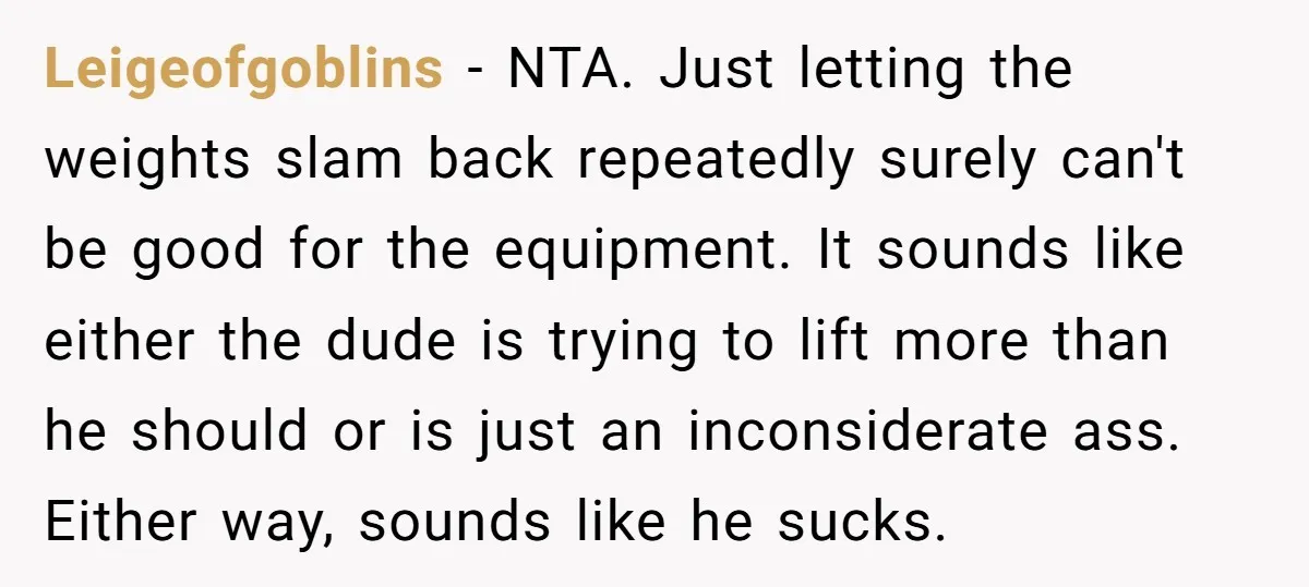 Leigeofgoblins - NTA. Just letting the weights slam back repeatedly surely can't be good for the equipment. It sounds like either the dude is trying to lift more than he...
